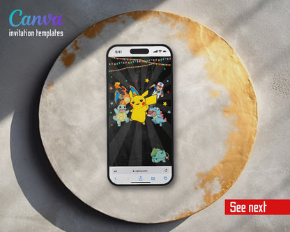 Pokemon Pikachu Chalk Ash Video Birthday Invitation | Animated Evite | Editable Canva