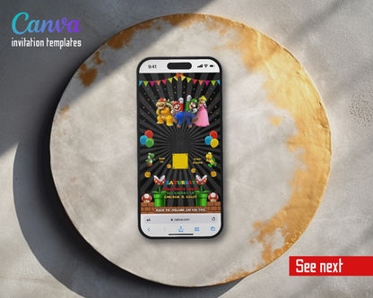 Super Mario Bros Black Sunburst Bunting Video Birthday Invitation | Animated Evite | Editable Canva