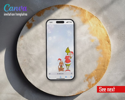 The Grinch Merry Grinchmas Gold Stars Cindy Video Birthday Invitation | Animated Evite | Editable Canva
