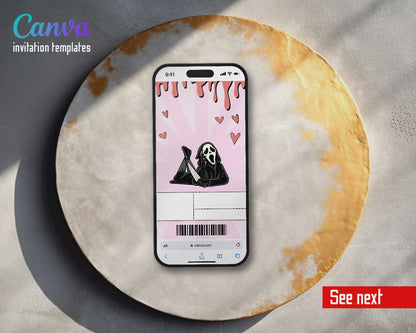 Horror Killer Movie Party Pink Ghostface Ticket Video Birthday Invitation | Animated Evite | Editable Canva