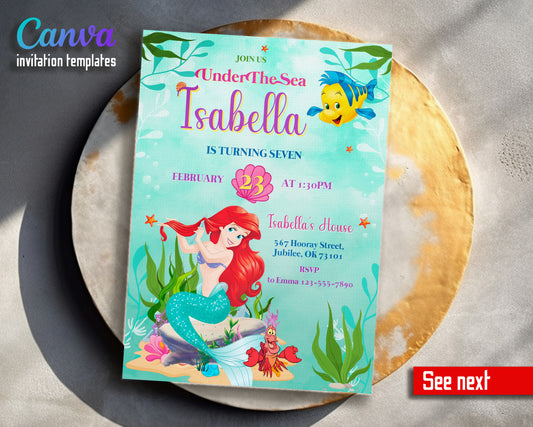Ariel The Little Mermaid customizable invitation template | Share or Print | girl | QR414