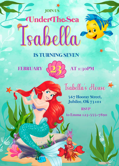 Ariel The Little Mermaid customizable invitation template | Share or Print | girl | QR414