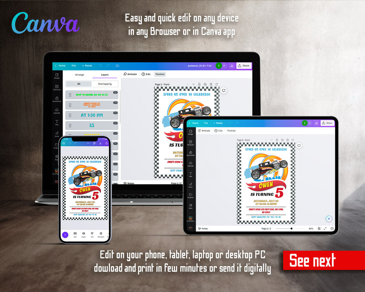Hot Wheels Racing customizable invitation template | Share or Print | boy | AD650