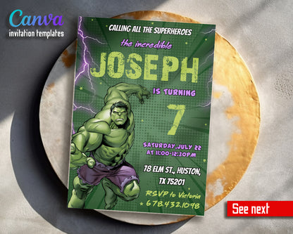 Hulk The Avengers Marvel Superhero customizable invitation template | Share or Print | boy | BI401