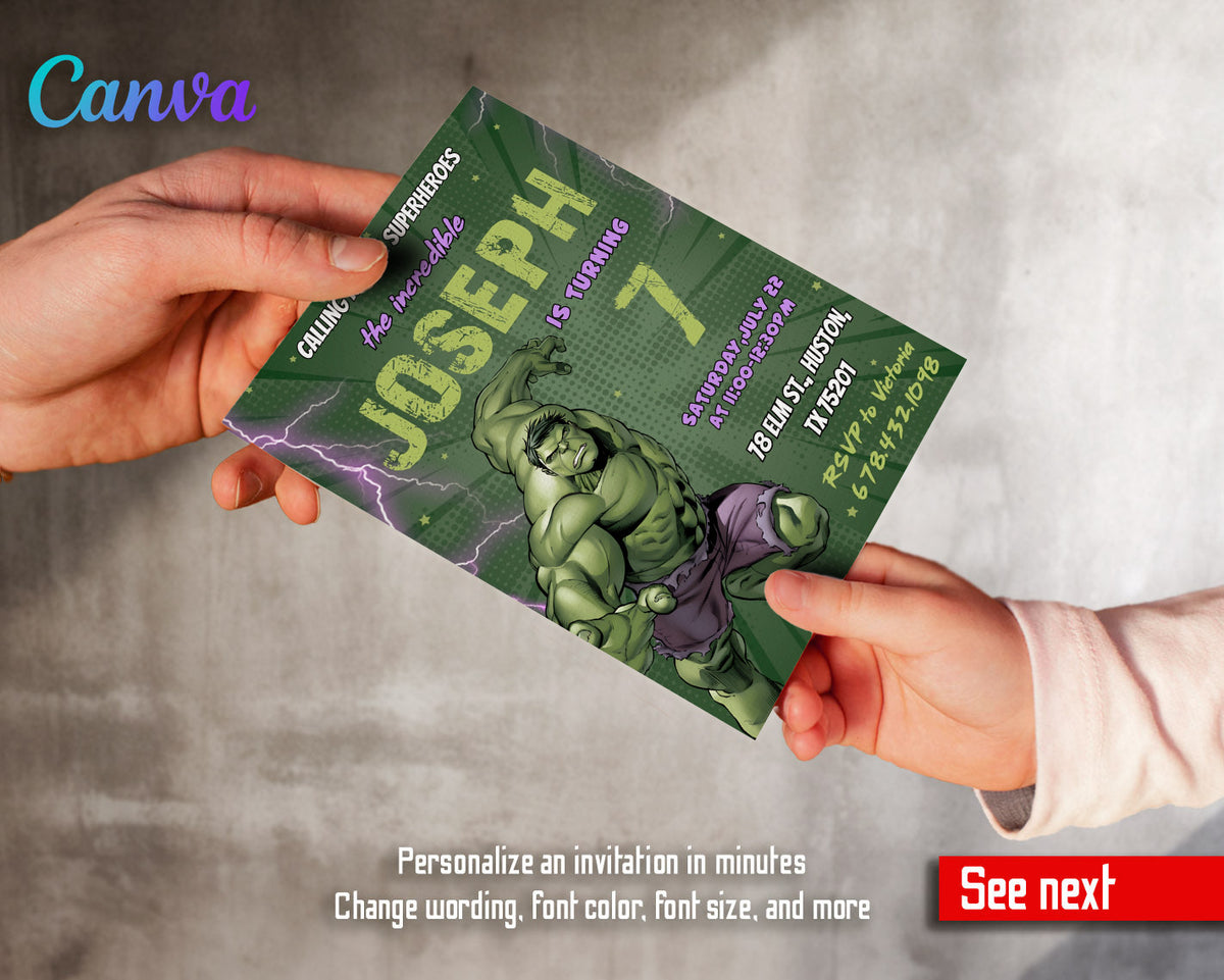 Hulk The Avengers Marvel Superhero customizable invitation template | Share or Print | boy | BI401