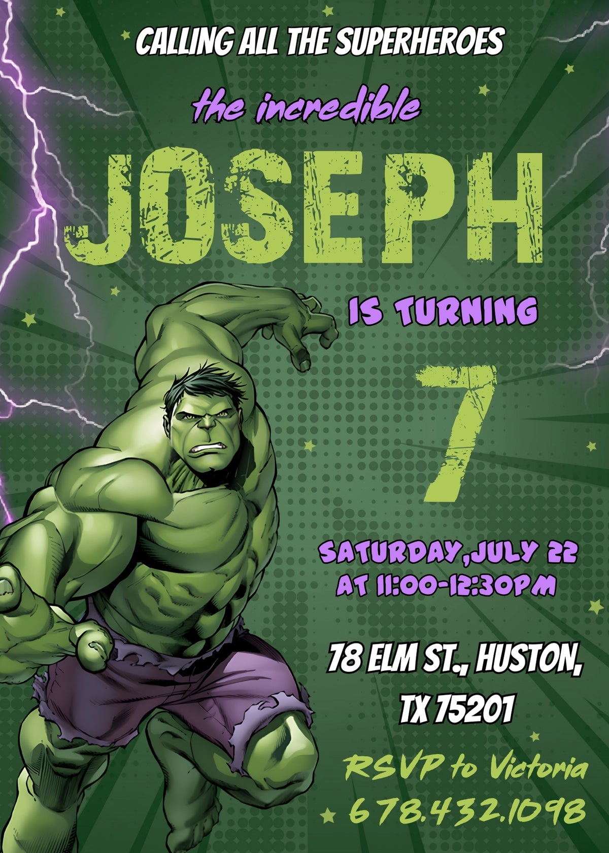 Hulk The Avengers Marvel Superhero customizable invitation template | Share or Print | boy | BI401