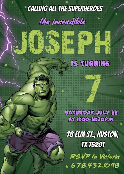 Hulk The Avengers Marvel Superhero customizable invitation template | Share or Print | boy | BI401
