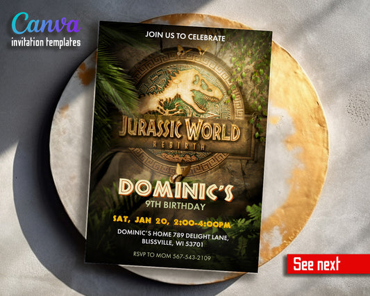 Jurassic World Rebirth Dinosaur customizable invitation template | Share or Print |  | DU626