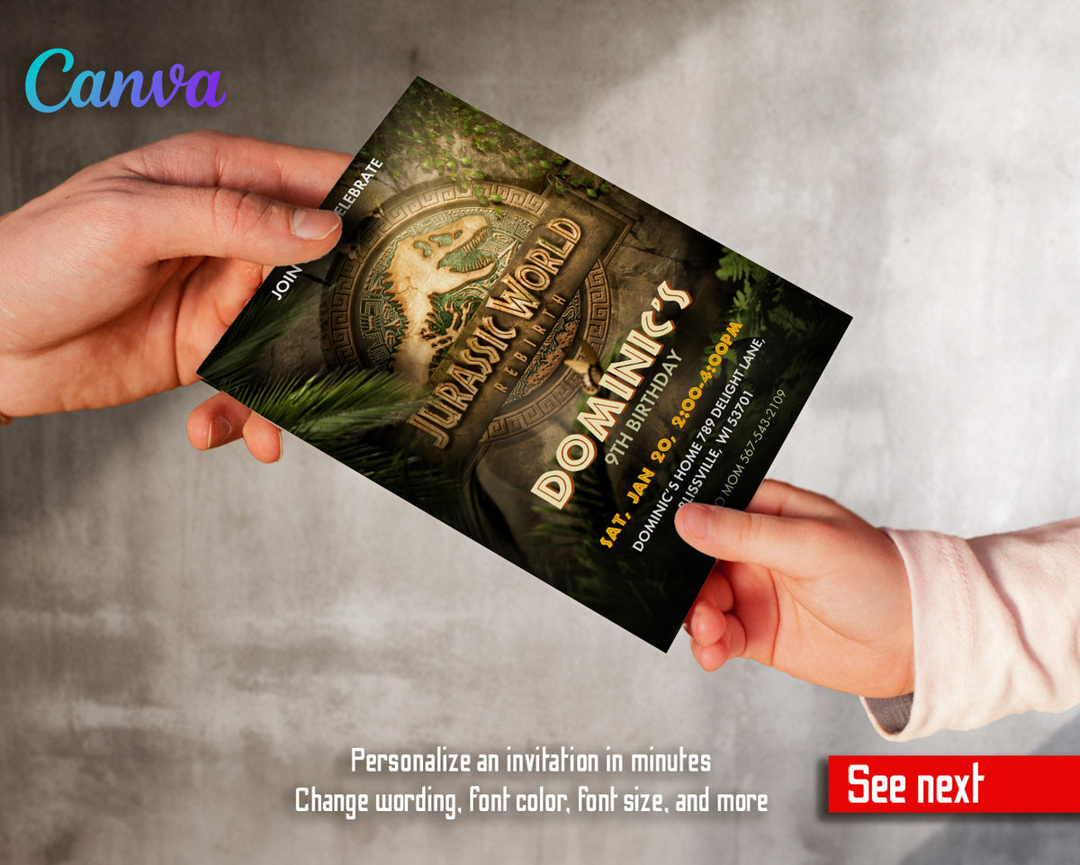 Jurassic World Rebirth Dinosaur customizable invitation template | Share or Print |  | DU626
