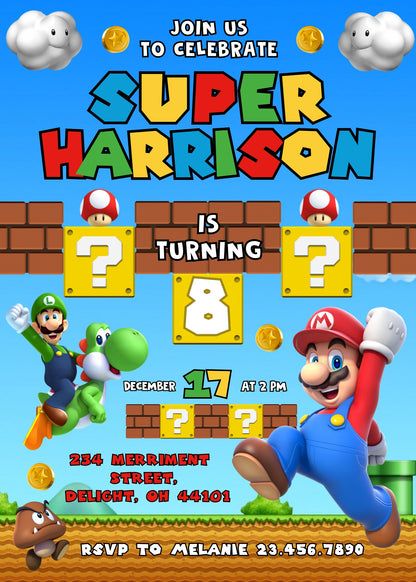Super Mario Bros customizable invitation template | Share or Print |  | MD796
