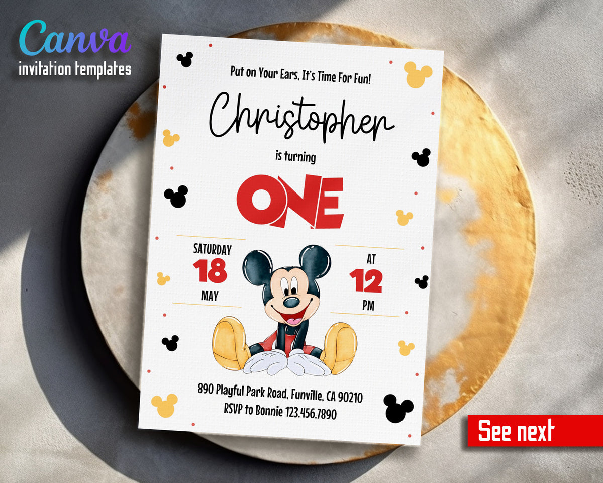Mickey Mouse 1st Birthday customizable invitation template | Share or Print |  | NT889