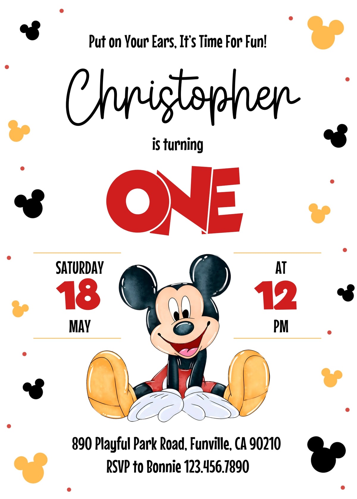 Mickey Mouse 1st Birthday customizable invitation template | Share or Print |  | NT889