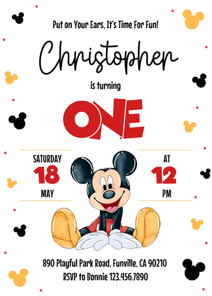 Mickey Mouse 1st Birthday customizable invitation template | Share or Print |  | NT889