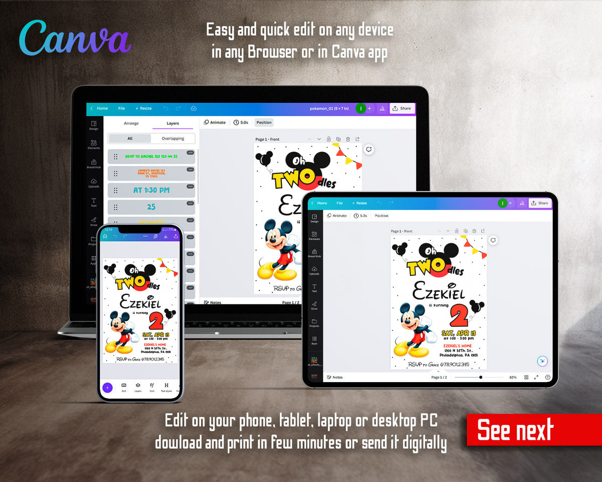 Mickey Mouse 2nd Birthday customizable invitation template | Share or Print |  | HM456