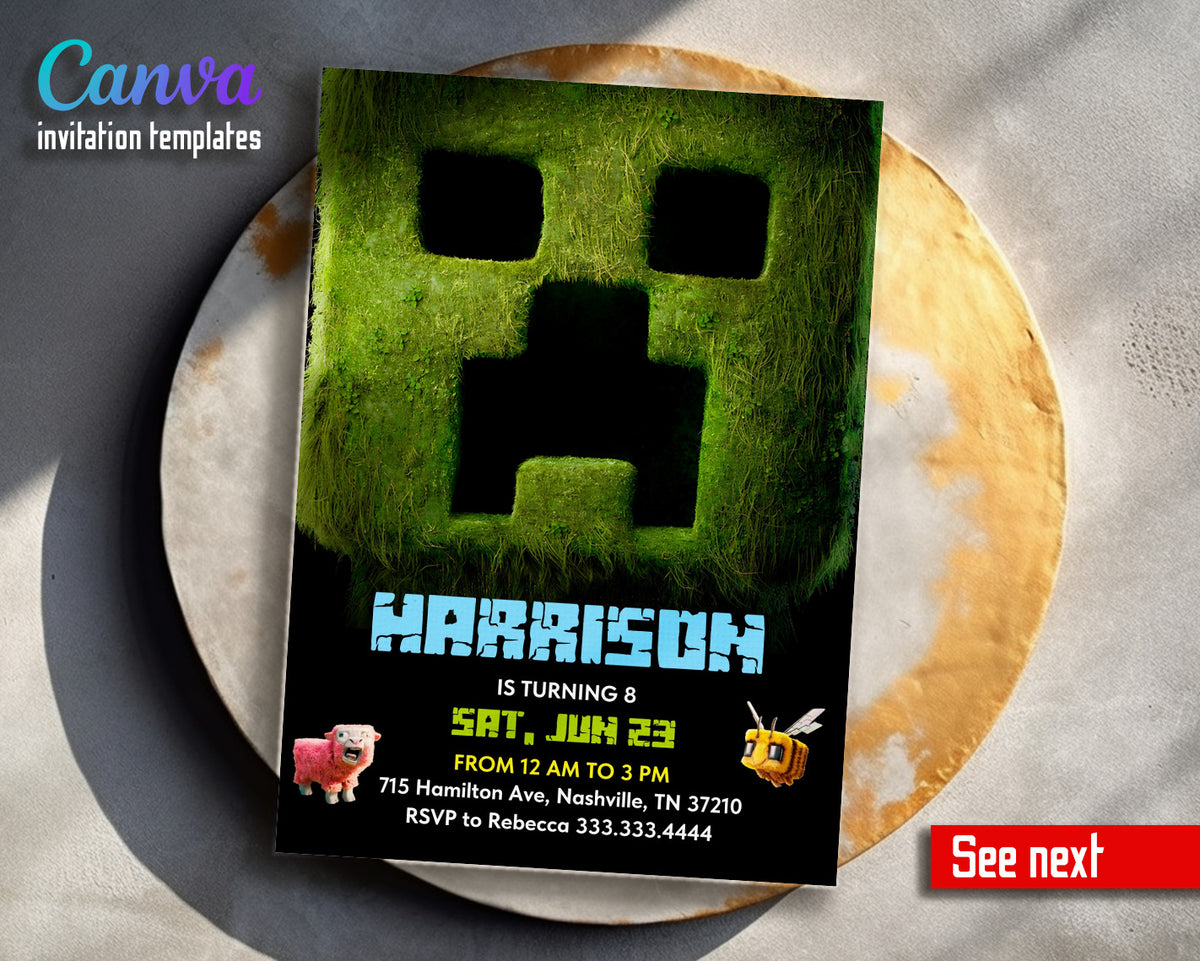 Minecraft Movie Gamer customizable invitation template | Share or Print |  | OP807
