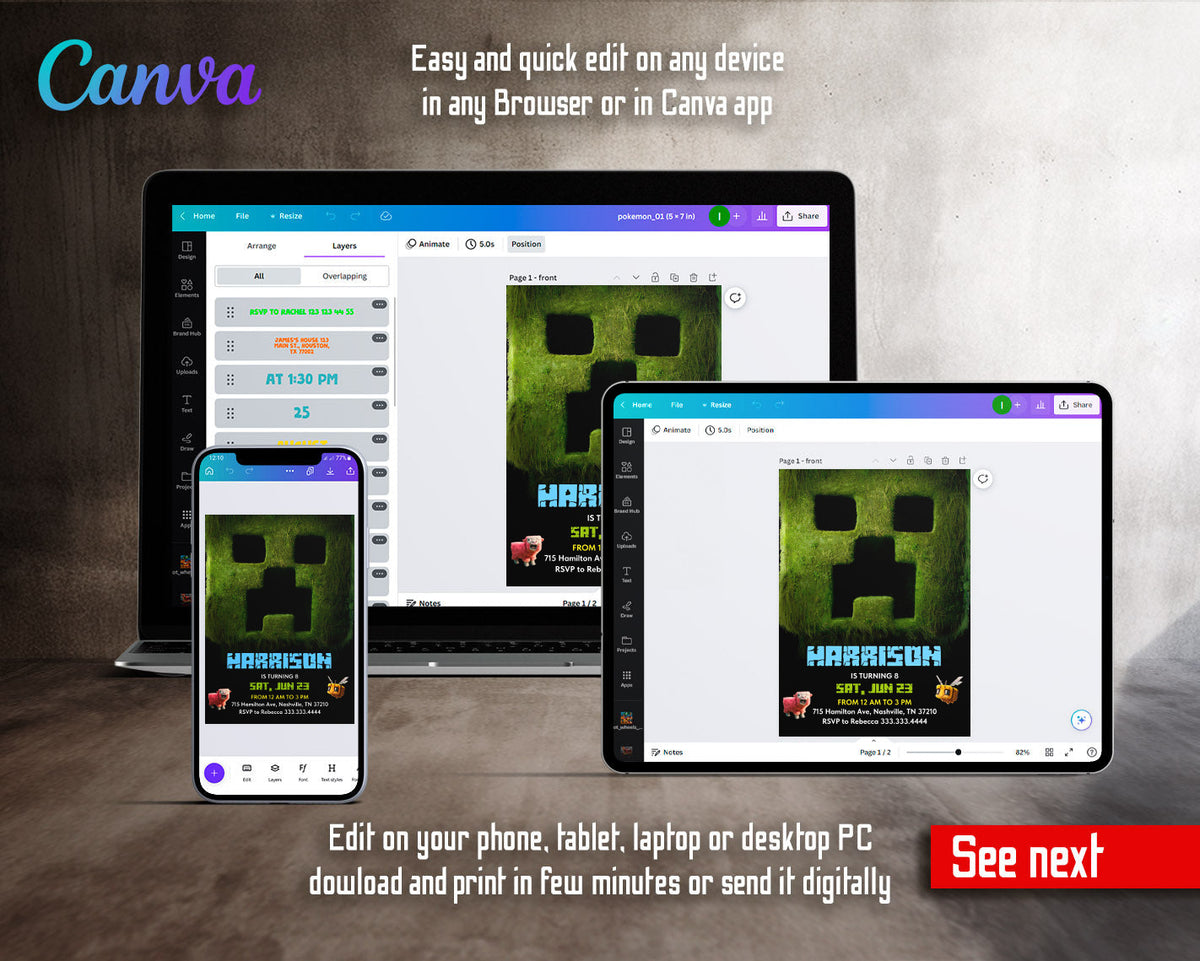 Minecraft Movie Gamer customizable invitation template | Share or Print |  | OP807