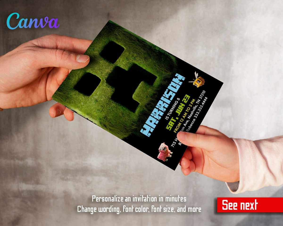 Minecraft Movie Gamer customizable invitation template | Share or Print |  | OP807