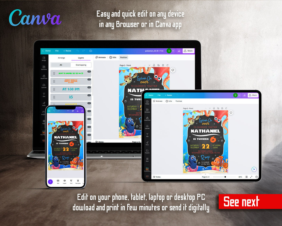 Finding Nemo customizable invitation template | Share or Print |  | XH232