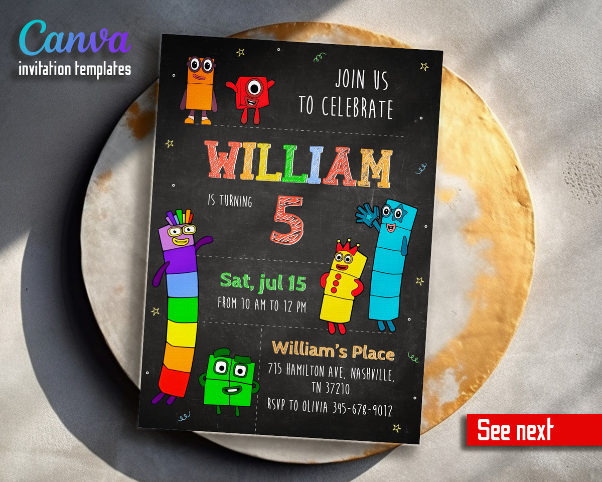 Numberblocks customizable invitation template | Share or Print |  | UP207