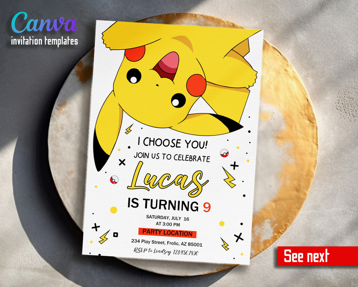 Pokemon Pikachu customizable invitation template | Share or Print |  | VN614