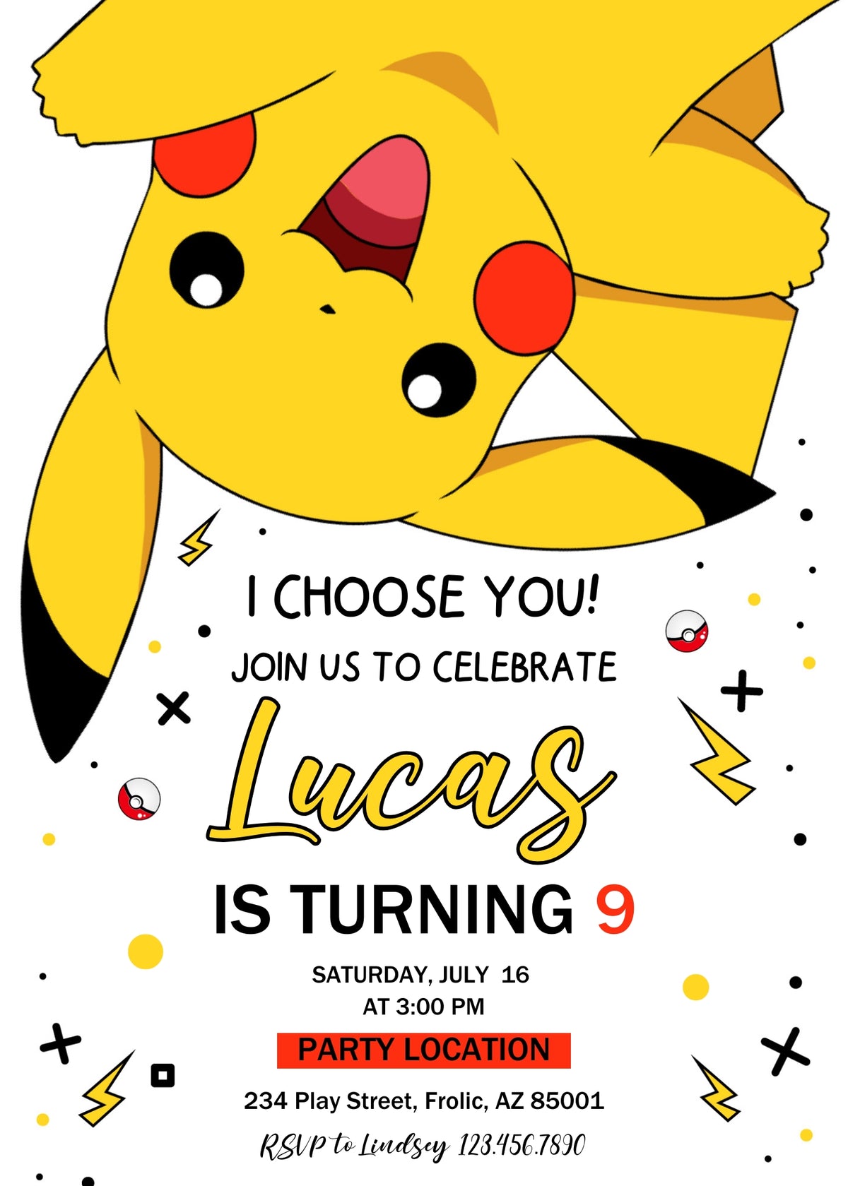 Pokemon Pikachu customizable invitation template | Share or Print |  | VN614