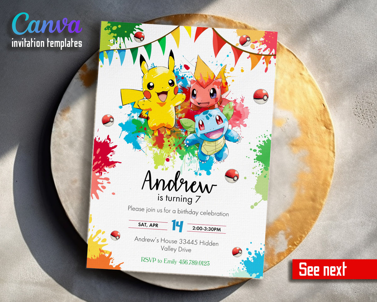 Pokemon Pikachu customizable invitation template | Share or Print |  | NJ481