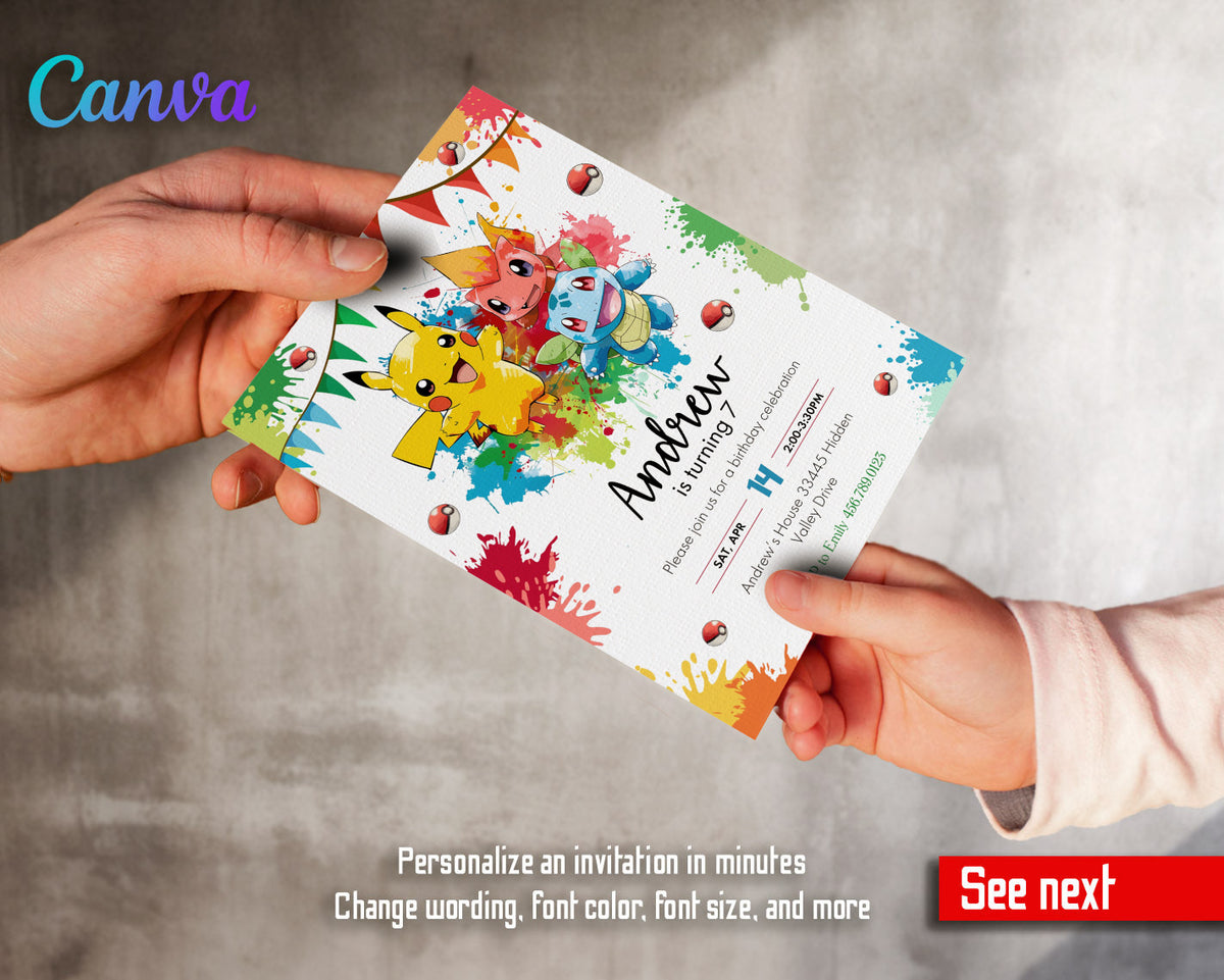 Pokemon Pikachu customizable invitation template | Share or Print |  | NJ481