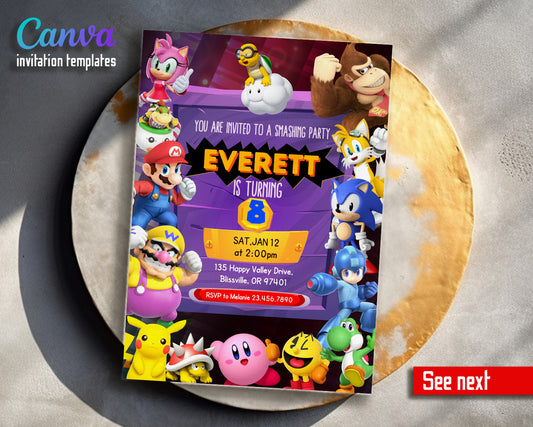 Super Smash Mario Bros customizable invitation template | Share or Print |  | XD539