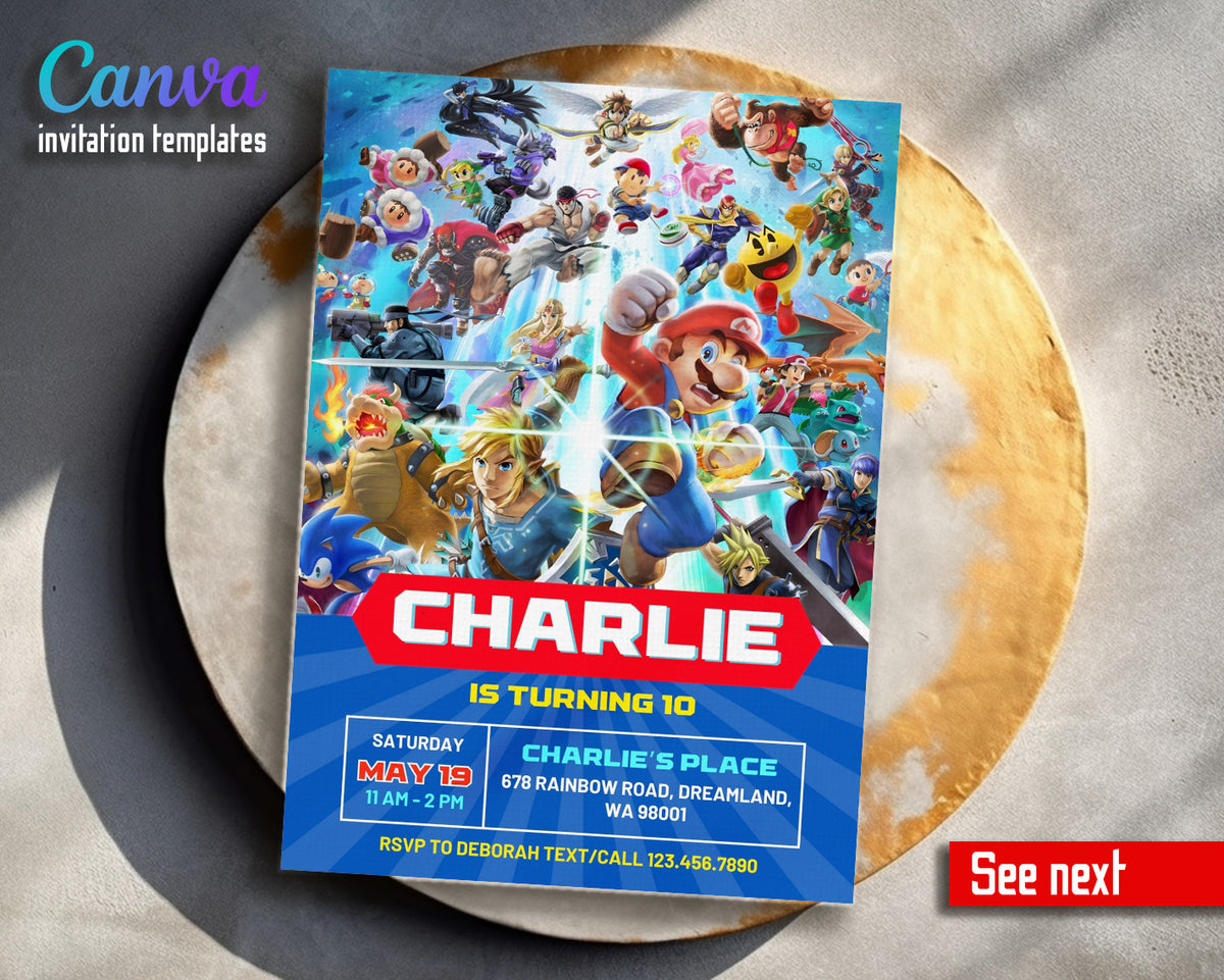 Super Smash Mario Bros customizable invitation template | Share or Print |  | GH790