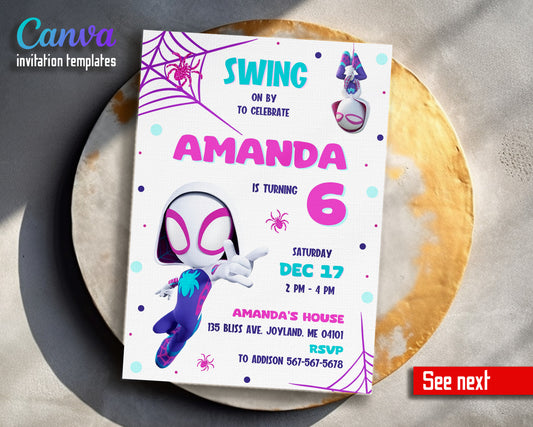 Spider Gwen Ghost Spidey customizable invitation template | Share or Print | girl | PI768