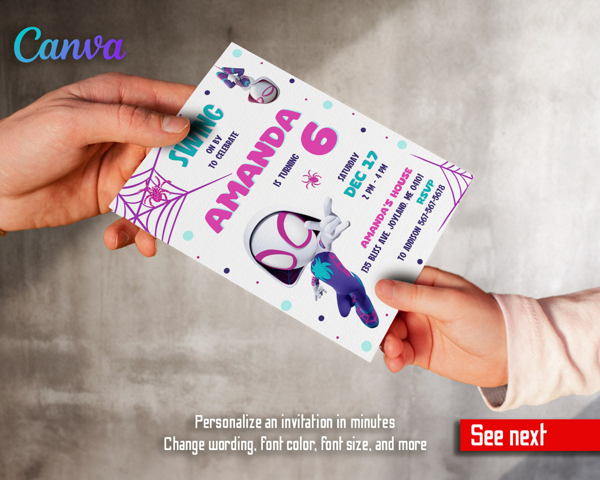 Spider Gwen Ghost Spidey customizable invitation template | Share or Print | girl | PI768