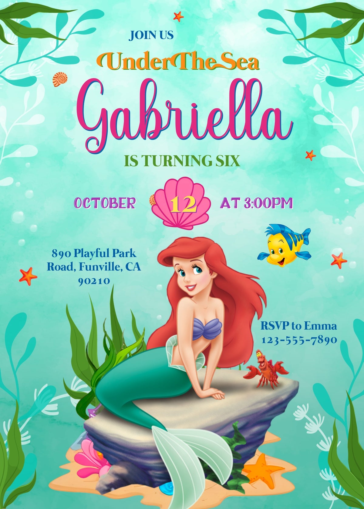 Ariel The Little Mermaid customizable invitation template | Share or Print | girl | ZG866
