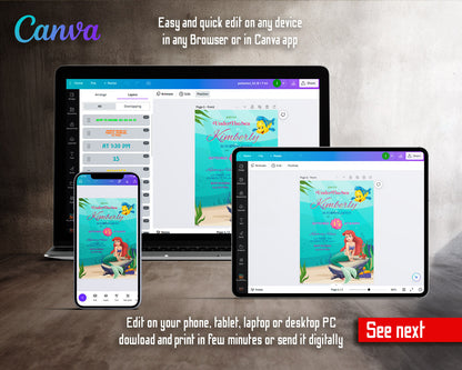 Ariel The Little Mermaid customizable invitation template | Share or Print | girl | MH056
