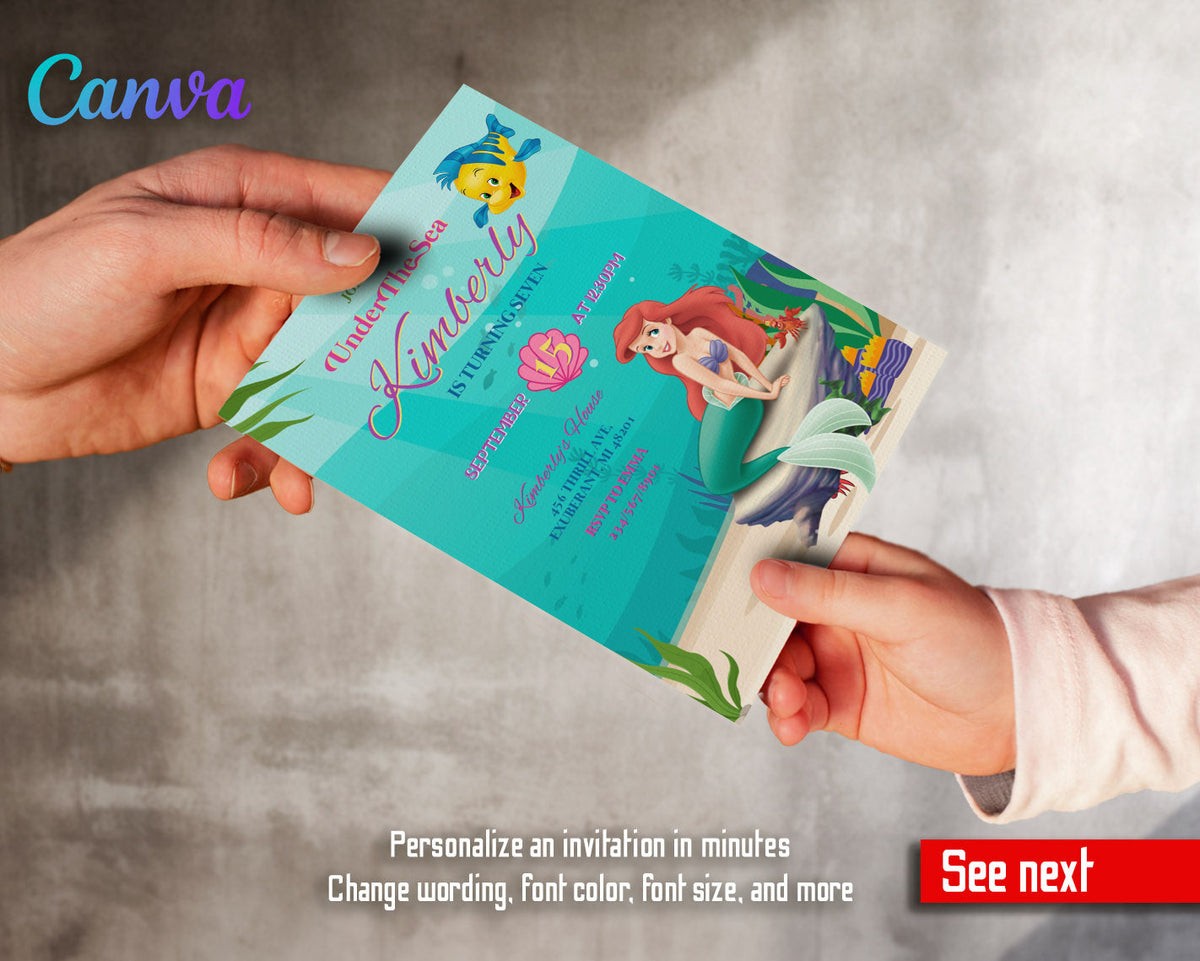 Ariel The Little Mermaid customizable invitation template | Share or Print | girl | MH056