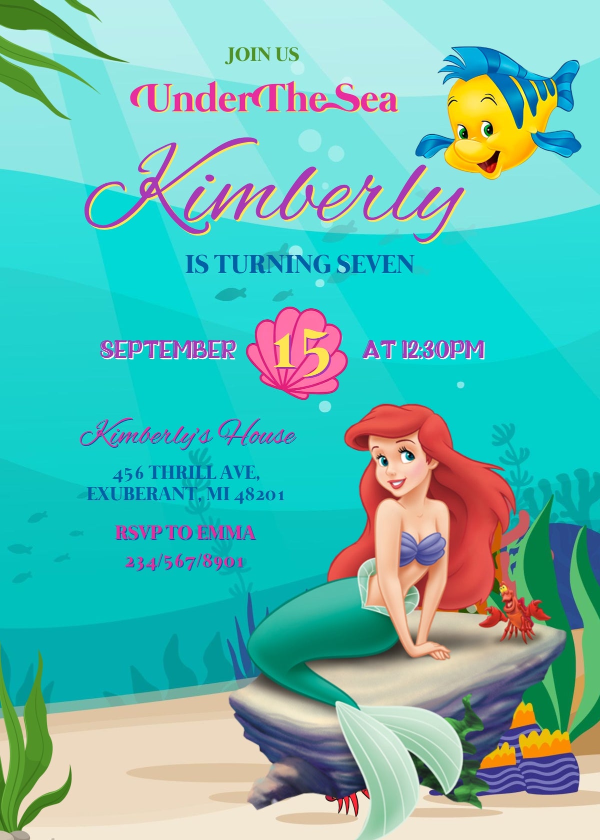Ariel The Little Mermaid customizable invitation template | Share or Print | girl | MH056