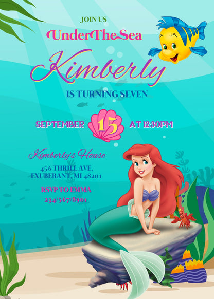 Ariel The Little Mermaid customizable invitation template | Share or Print | girl | MH056