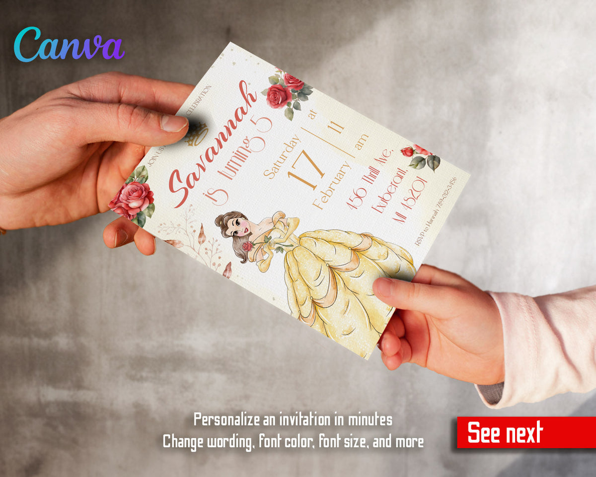 Belle Beauty And The Beast customizable invitation template | Share or Print | girl | FR633