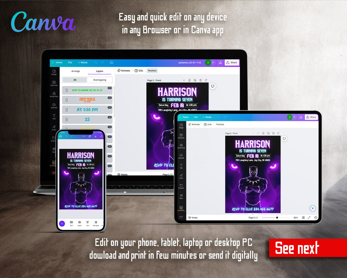 Black Panther Superhero Marvel customizable invitation template | Share or Print | boy | HK834
