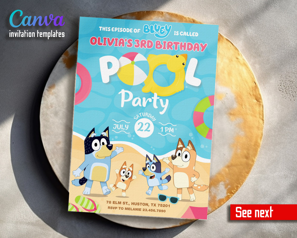 Bluey Bingo Pool customizable invitation template | Share or Print | VD179