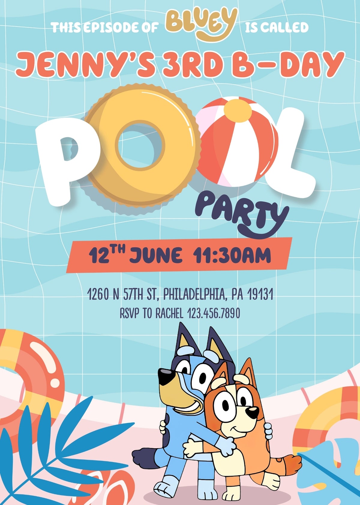Bluey Bingo Pool customizable invitation template | Share or Print | DX696