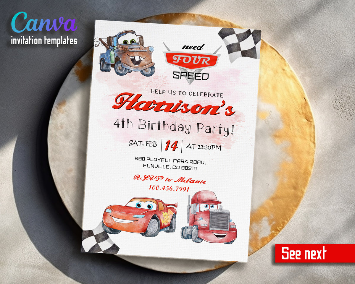 Cars Lightning Mcqueen Four customizable invitation template | Share or Print | boy | EF256
