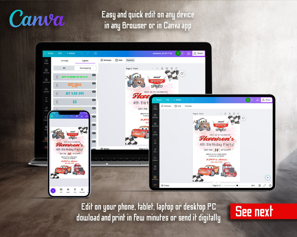 Cars Lightning Mcqueen Four customizable invitation template | Share or Print | boy | EF256