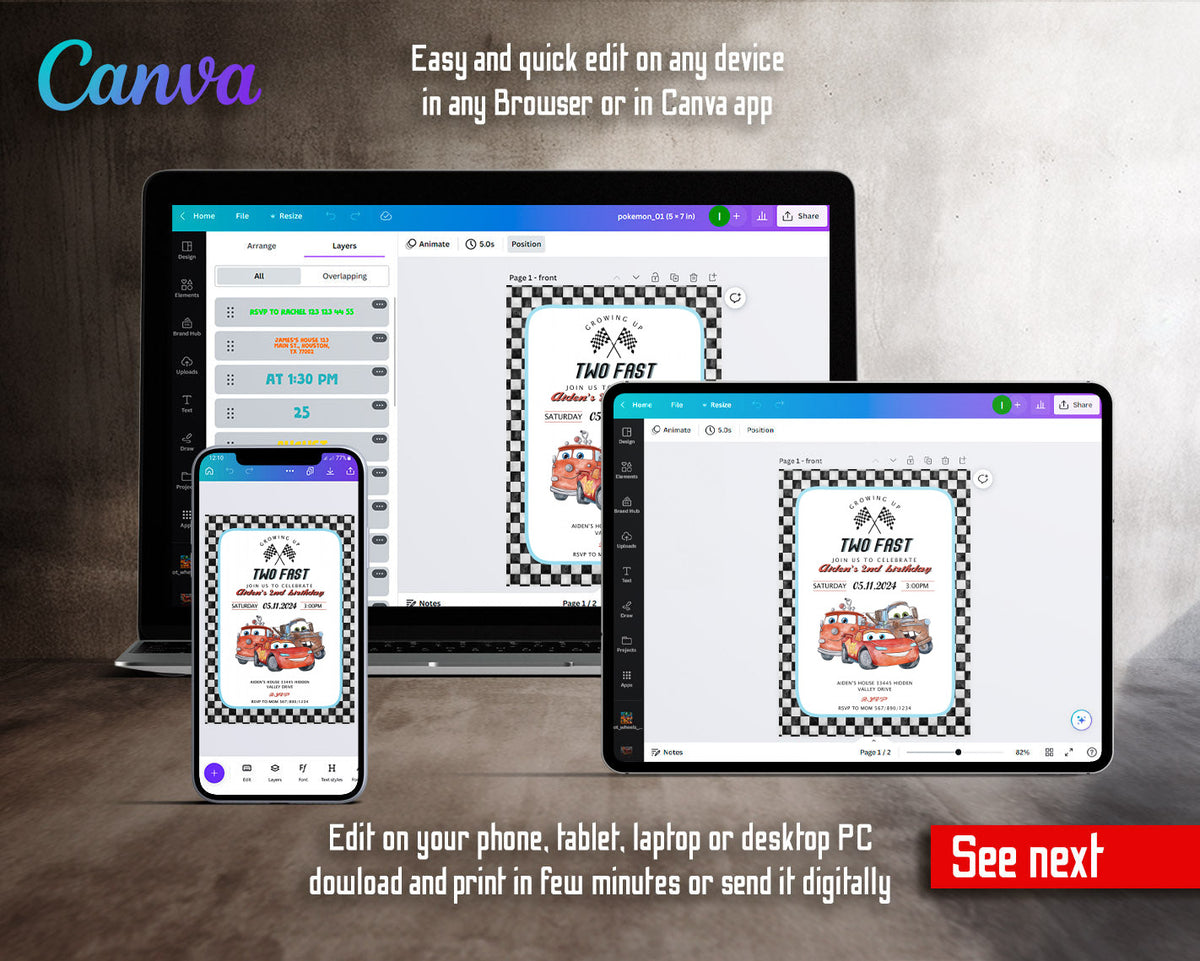 Cars Lightning Mcqueen Two customizable invitation template | Share or Print | boy | GQ289