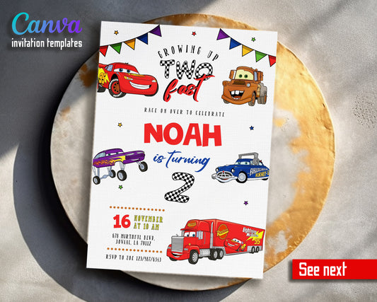 Cars Lightning Mcqueen Two customizable invitation template | Share or Print | boy | BI221