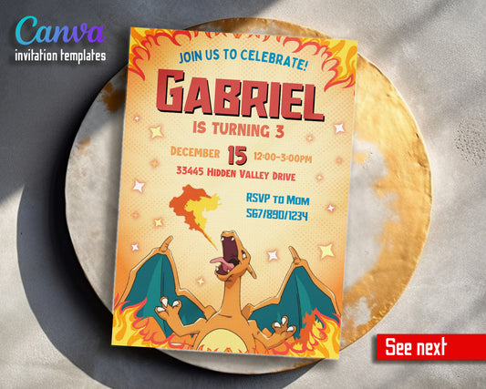 Charizard Pokemon Anime customizable invitation template | Share or Print | TW942