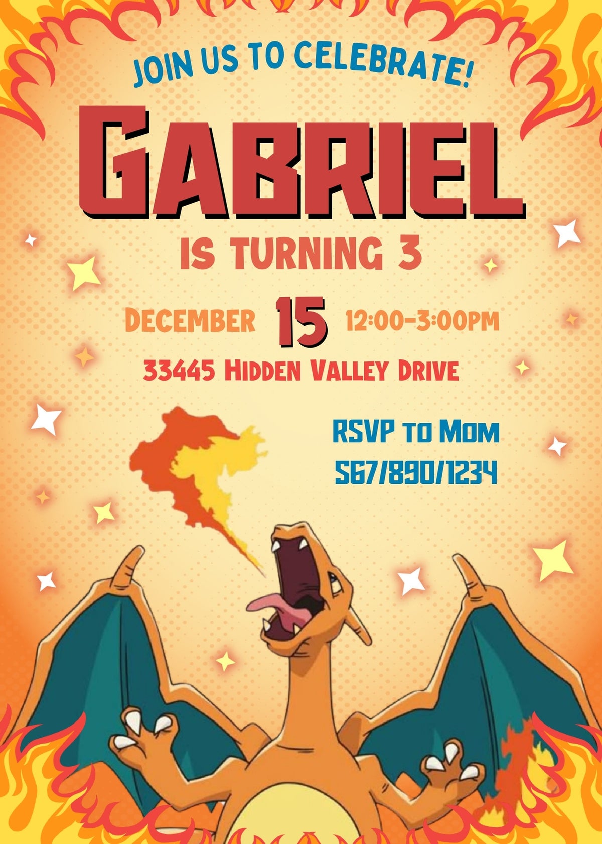 Charizard Pokemon Anime customizable invitation template | Share or Print | TW942