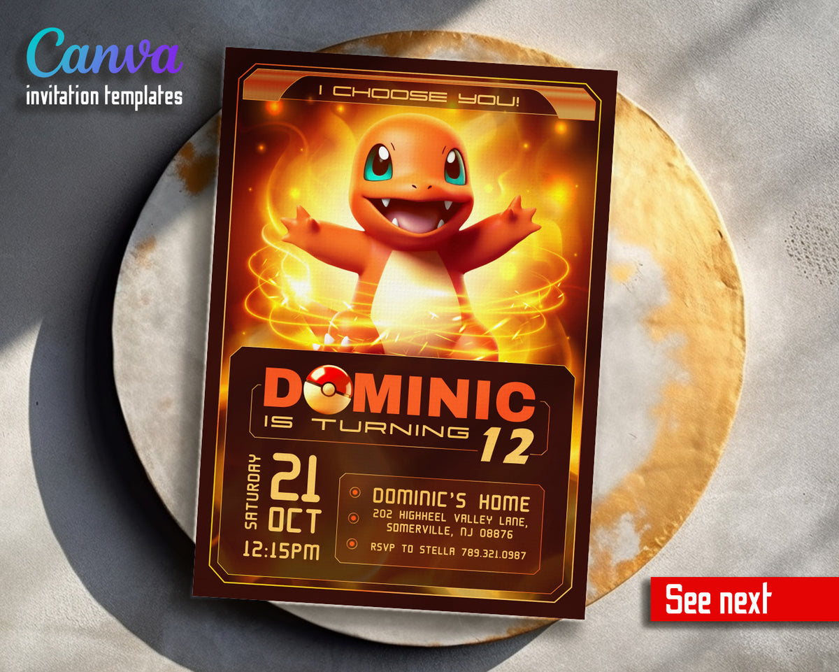 Charmander Pokemon Anime customizable invitation template | Share or Print | TF856
