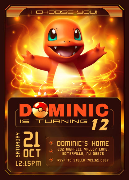 Charmander Pokemon Anime customizable invitation template | Share or Print | TF856