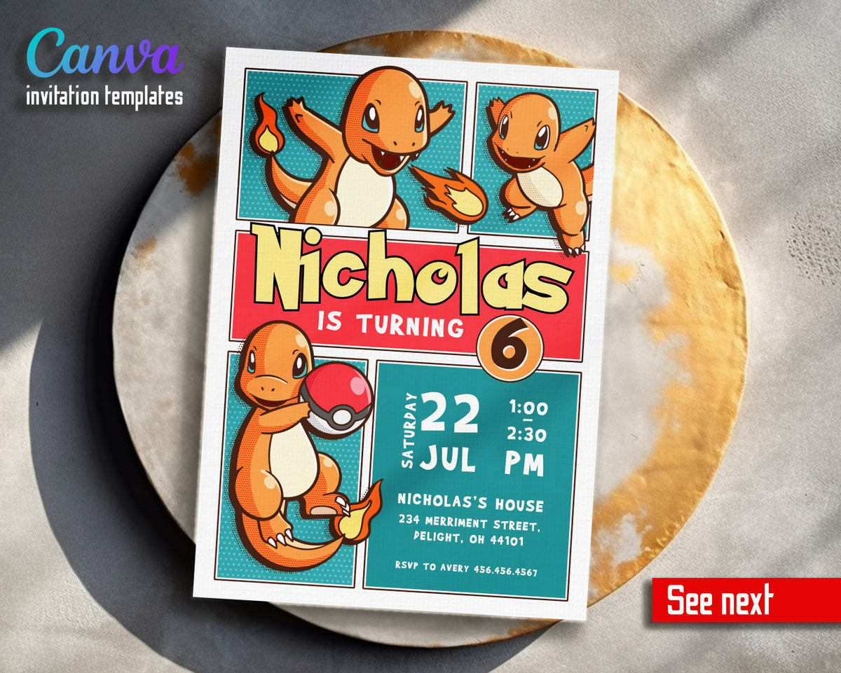 Charmander Pokemon Anime customizable invitation template | Share or Print | HY547