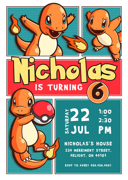 Charmander Pokemon Anime customizable invitation template | Share or Print | HY547